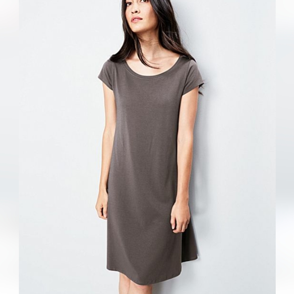 Eileen Fisher XS Ballet Neck Organic Cotton Cap Sleeve T-Shirt Brown Dress S/P